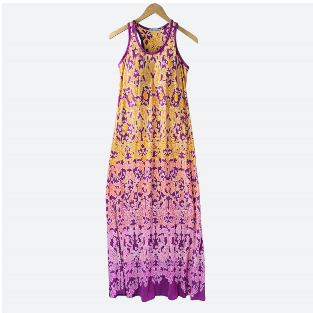 Athleta Boho Festival Paisley Racerback Maxi Dress Medium Purple Orange Pocket